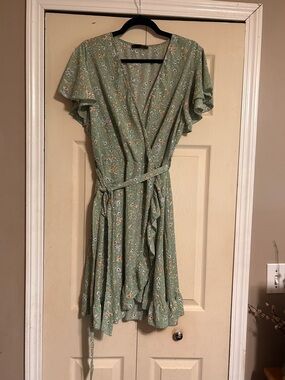 Sage Green Floral Wrap Midi Dress with Ruffle Hem